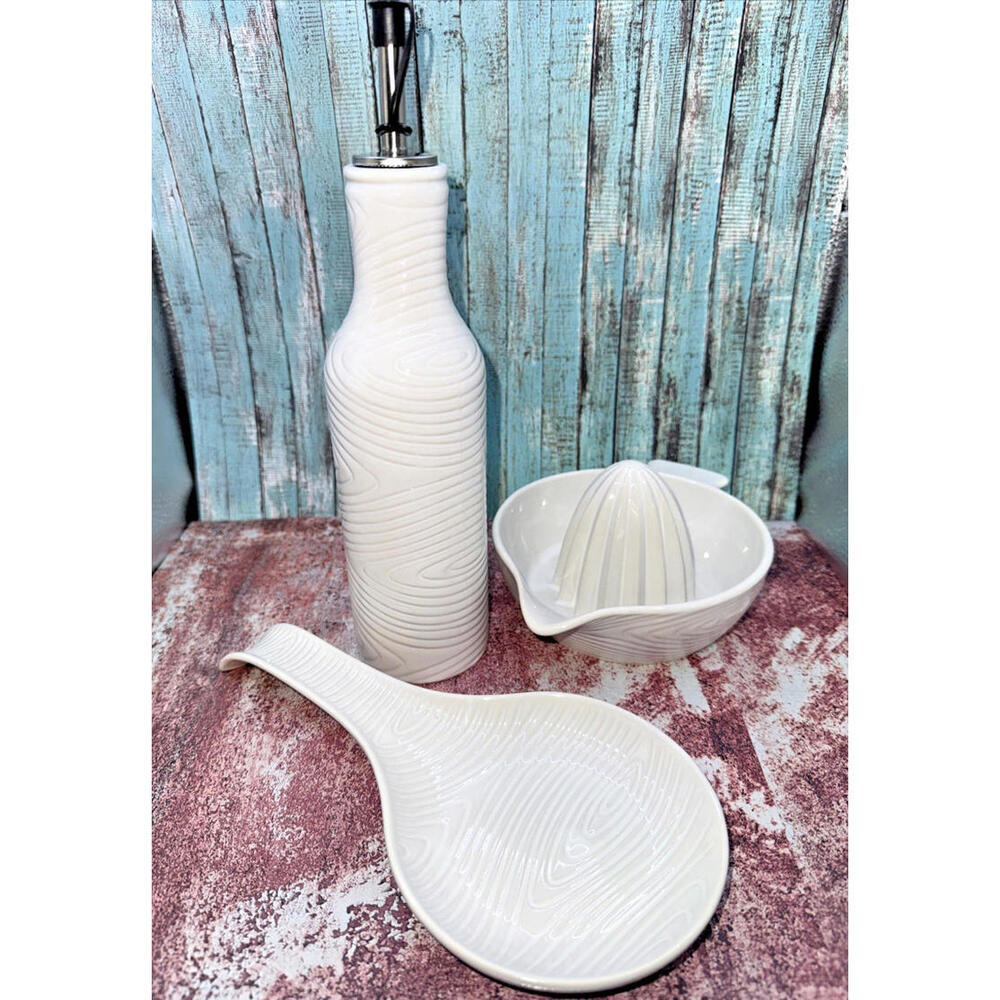 Temp-tations by Tara  Woodland White Spoon Rest Juicer Oil Bottle Countertop Set